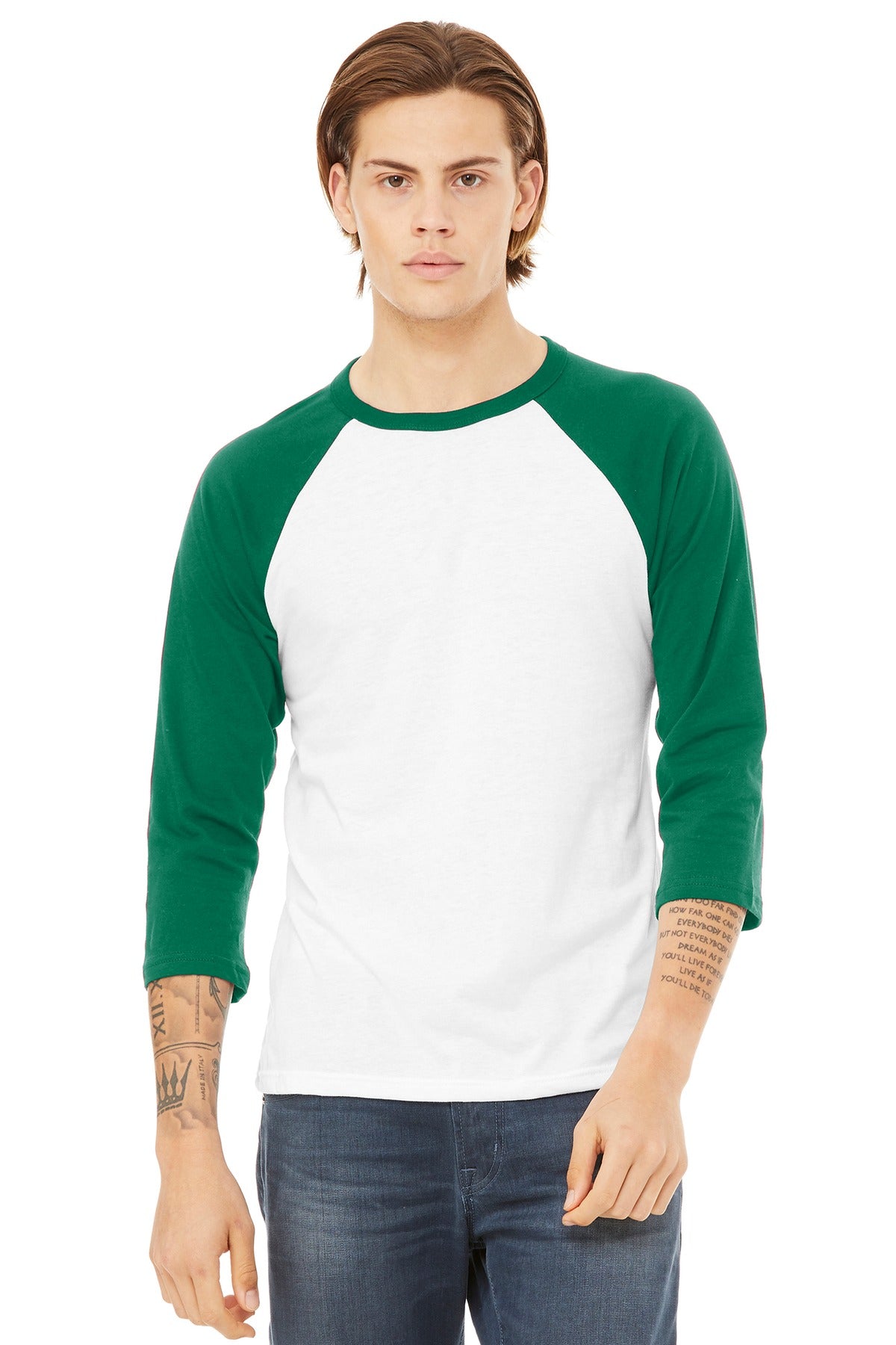 Bella+Canvas Unisex 3/4-Sleeve Baseball Tee BC3200 White/Kelly