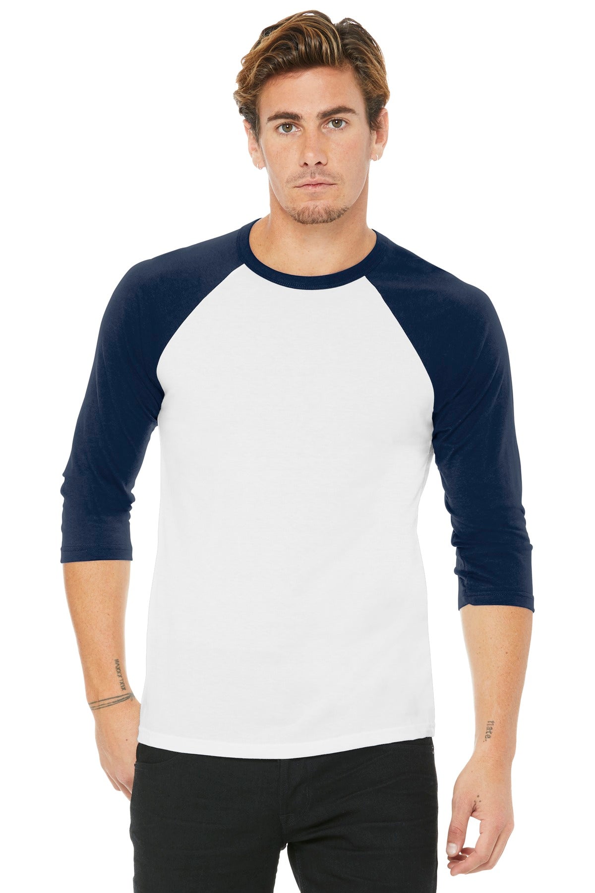 BELLA+CANVAS  Unisex 3/4-Sleeve Baseball Tee. BC3200 White/ Navy
