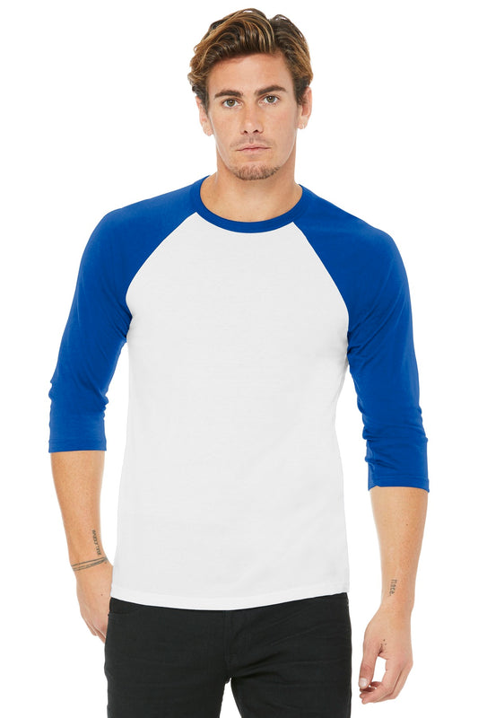 BELLA+CANVAS  Unisex 3/4-Sleeve Baseball Tee. BC3200 White/ True Royal