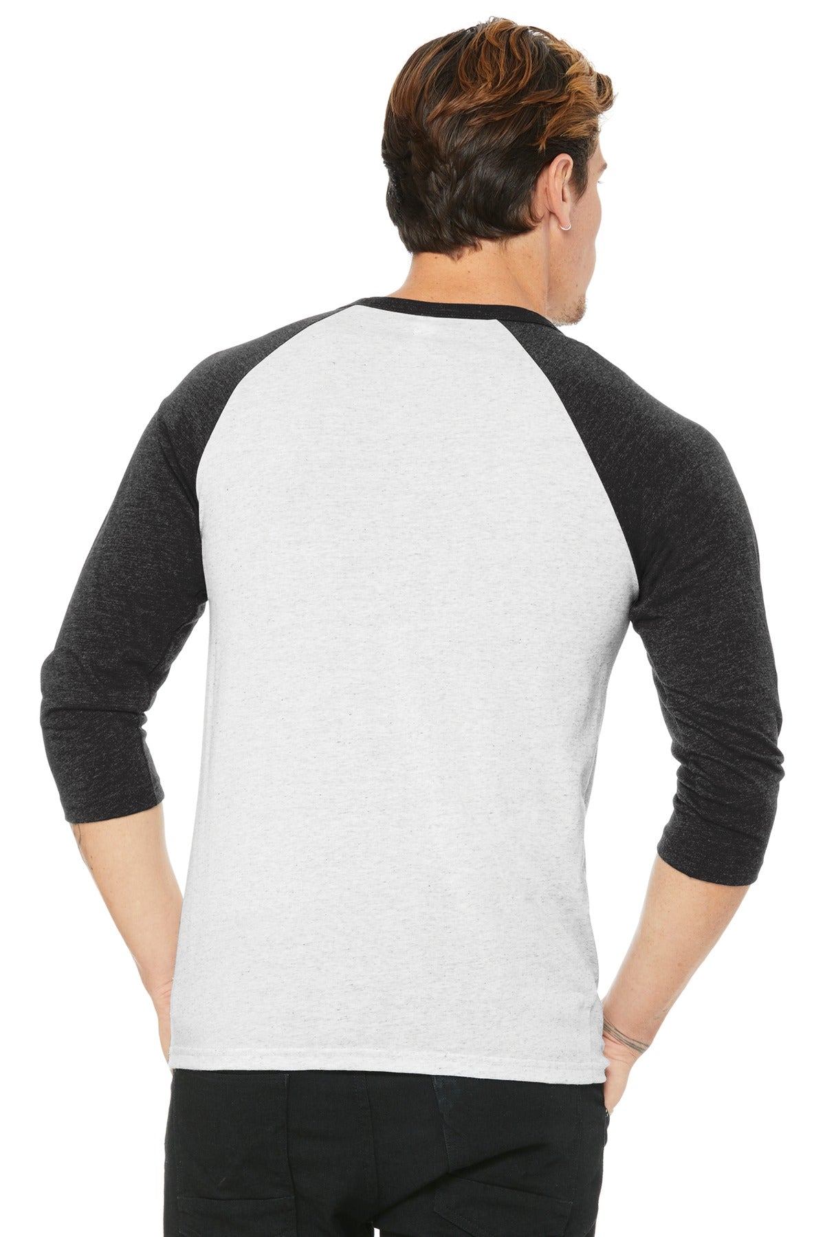 BELLA+CANVAS  Unisex 3/4-Sleeve Baseball Tee. BC3200 White Flk/ Charcoal-BI Triblend