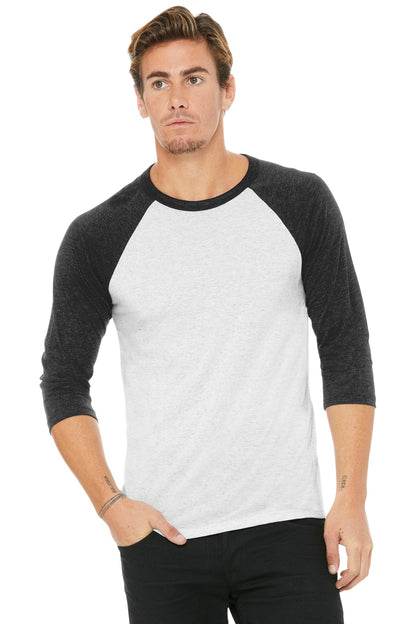 BELLA+CANVAS  Unisex 3/4-Sleeve Baseball Tee. BC3200 White Flk/ Charcoal-BI Triblend