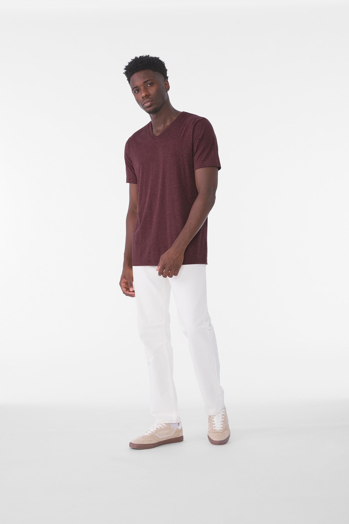 BELLA+CANVAS Unisex Triblend Short Sleeve V-Neck Tee. BC3415 Maroon Triblend