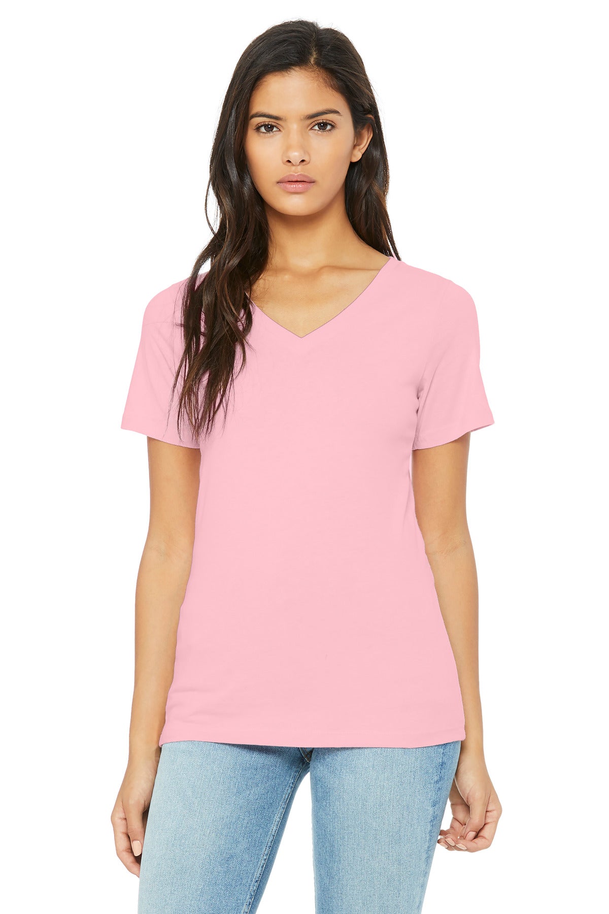Bella+Canvas Women's Relaxed Jersey Short Sleeve V-Neck Tee BC6405 Pink