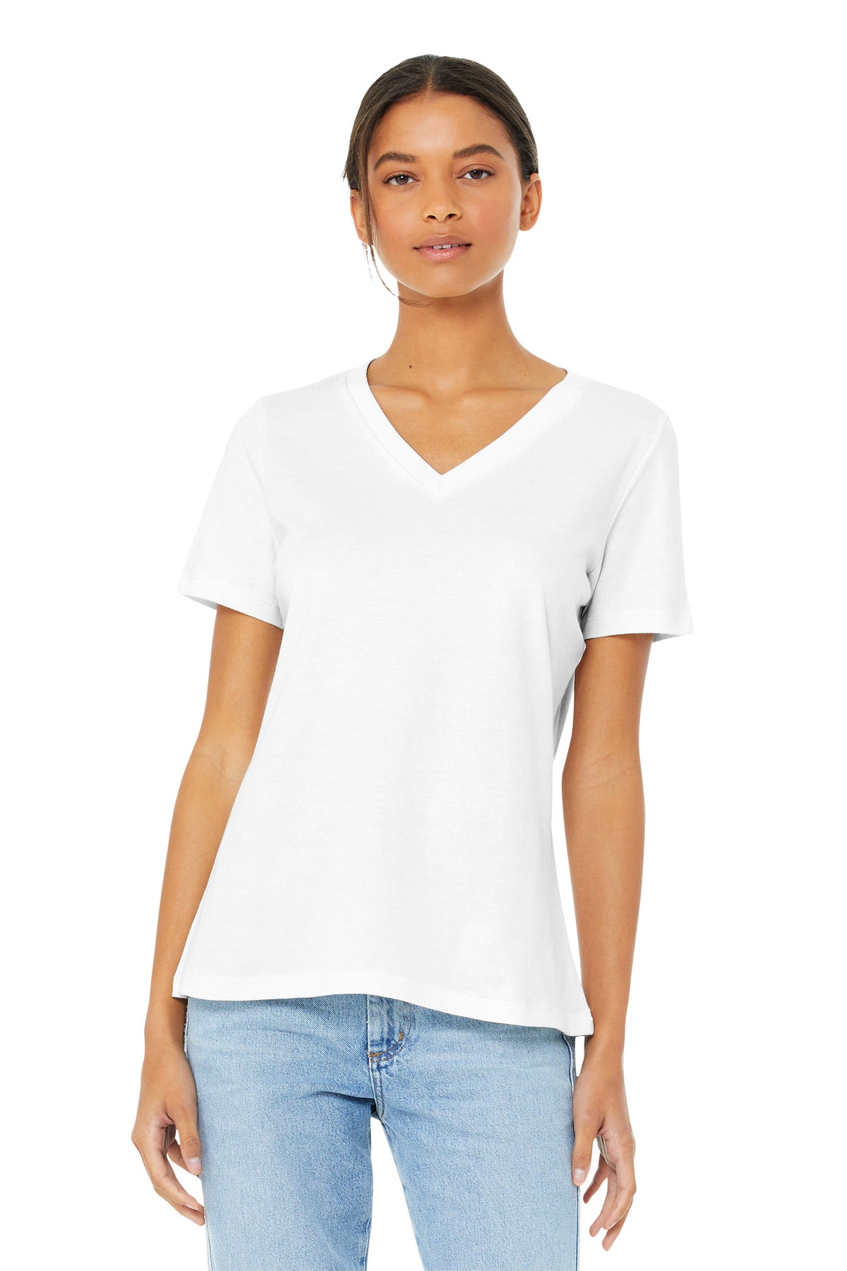 BELLA+CANVAS  Women's Relaxed Jersey Short Sleeve V-Neck Tee. BC6405 White