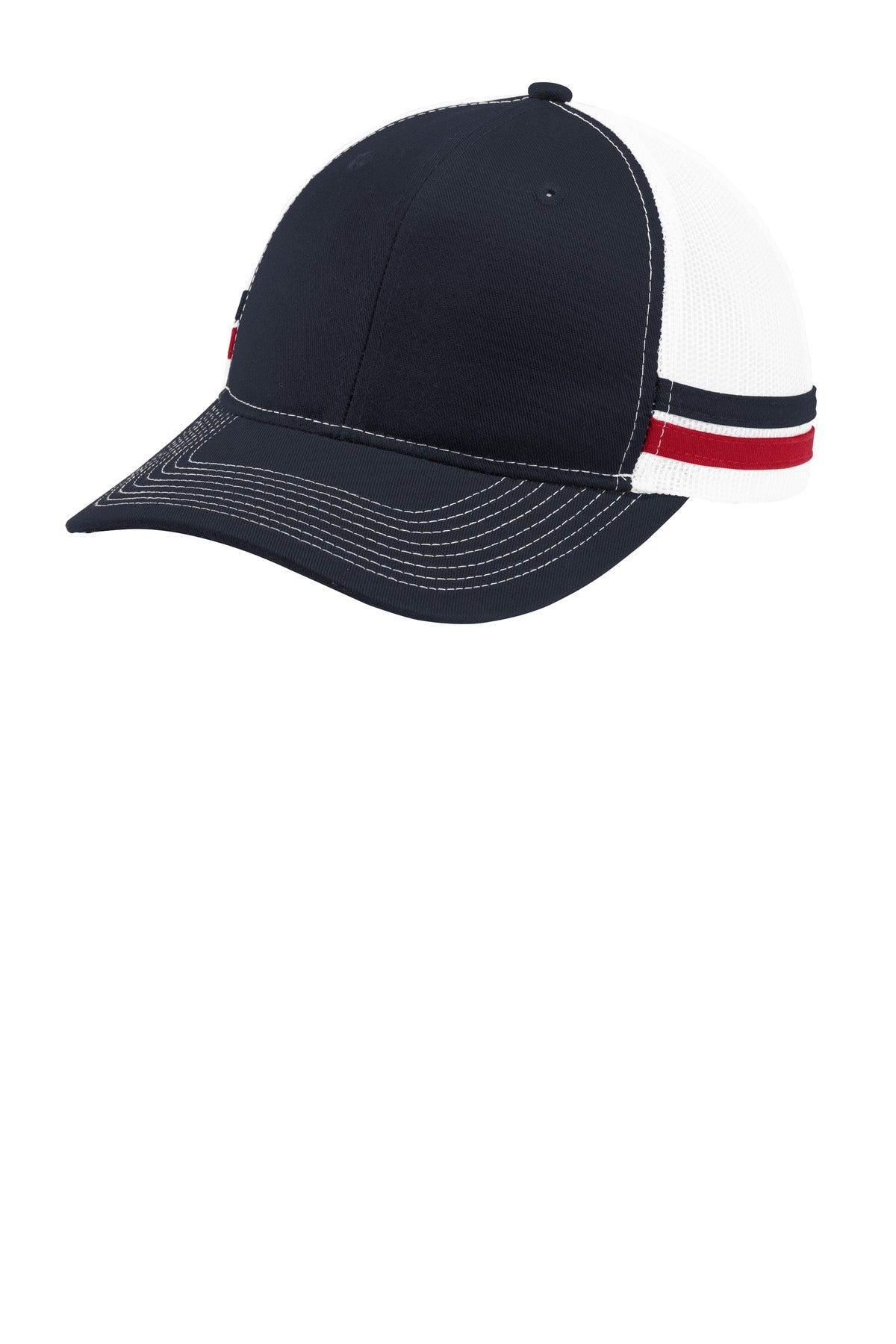 Port Authority Two-Stripe Snapback Trucker Cap C113 Rich Navy/ Flame Red/ White