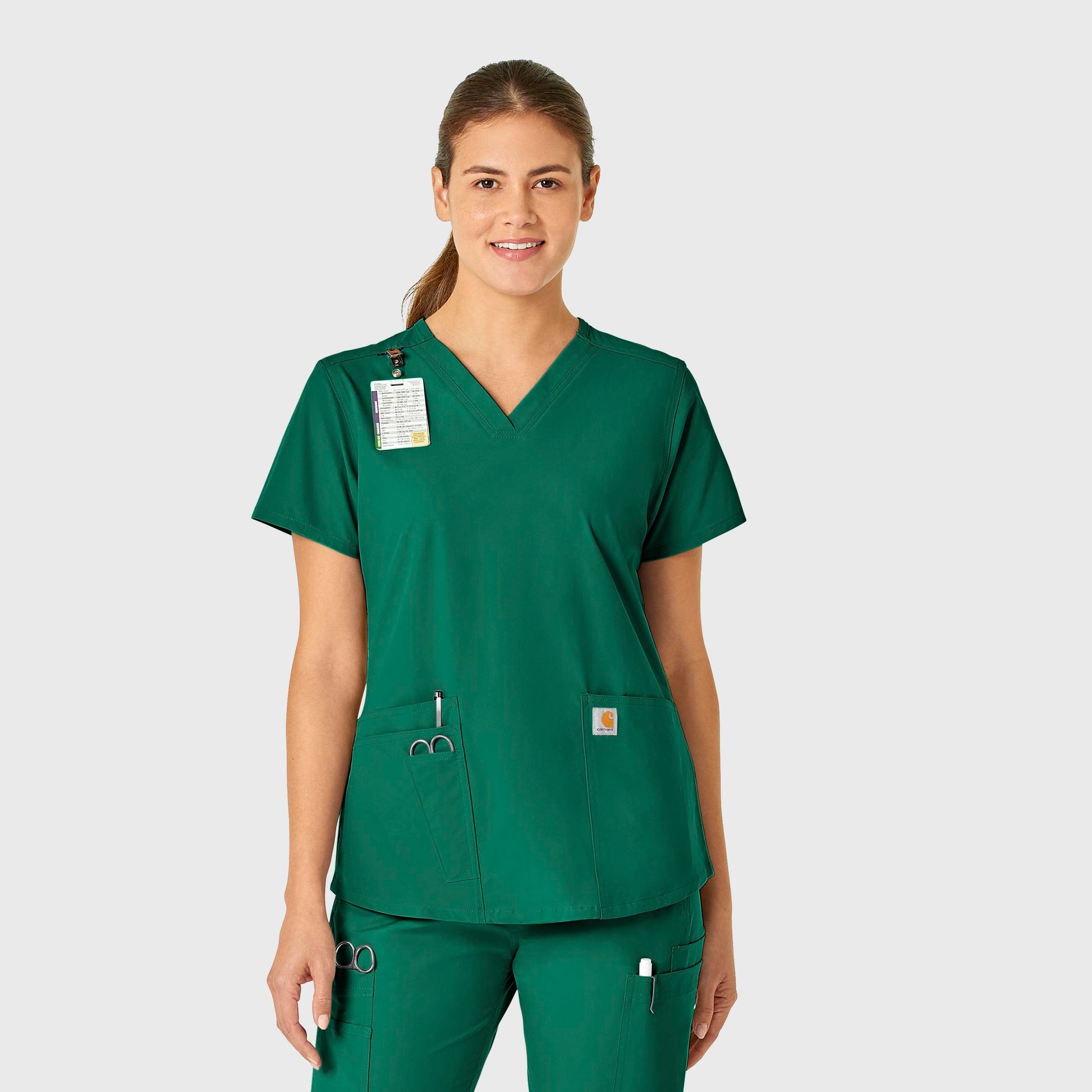 Force Essentials C12113 V-Neck Scrub Top Hunter Model Image Front | Carhartt