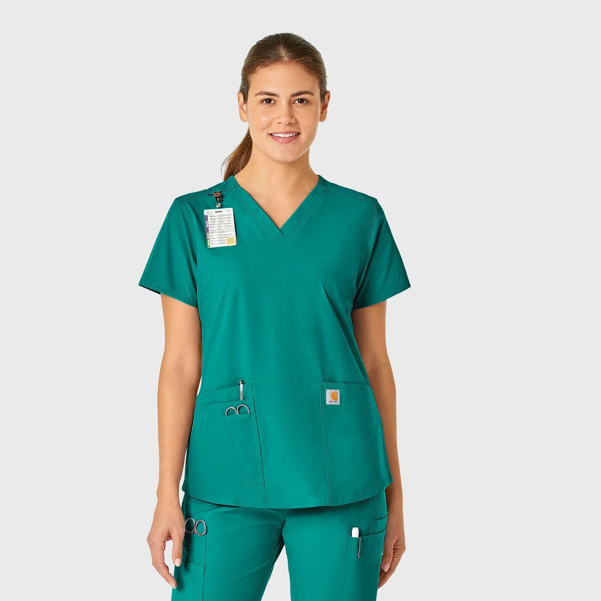 Force Essentials C12113 V-Neck Scrub Top Teal Blue Model Image Front | Carhartt