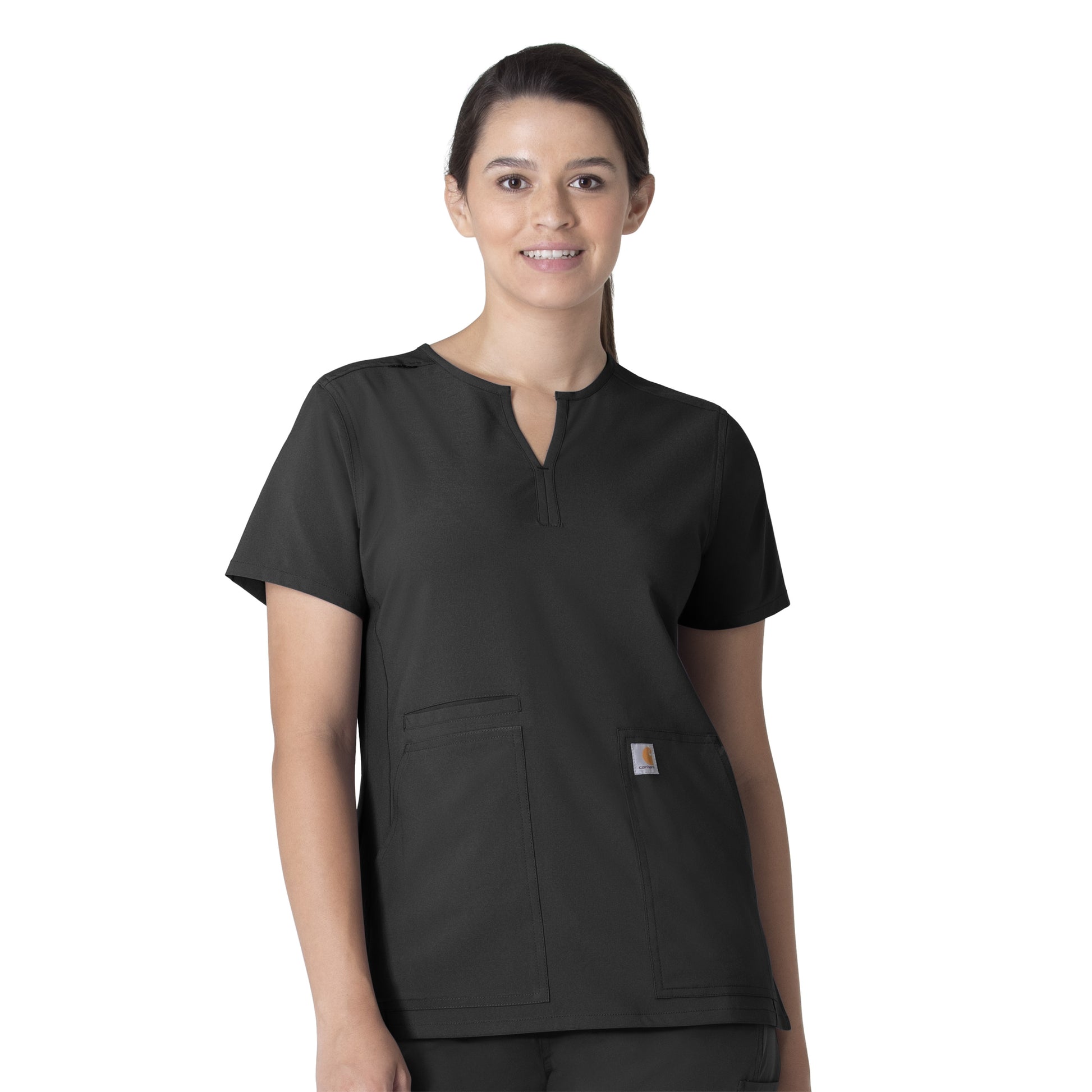 Force Essentials C12213 Notch Neck Tunic Scrub Top Black Model Image Front | Carhartt