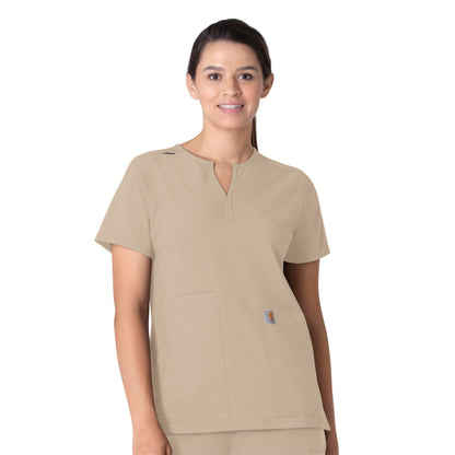 Force Essentials C12213 Notch Neck Tunic Scrub Top Khaki Model Image Front | Carhartt