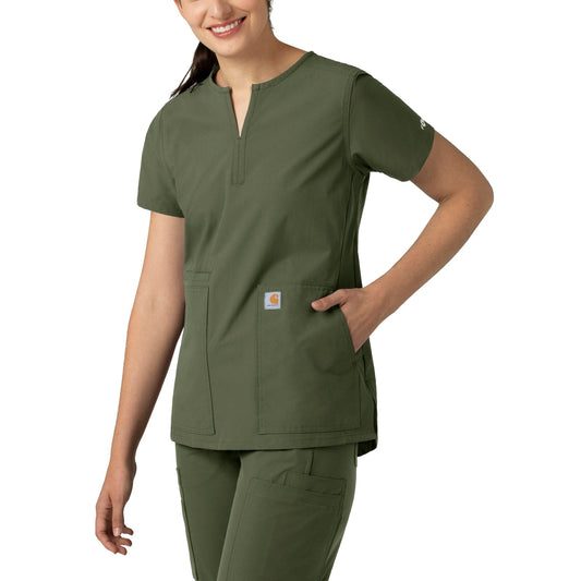 Force Essentials C12213 Notch Neck Tunic Scrub Top Olive Model Image Front | Carhartt