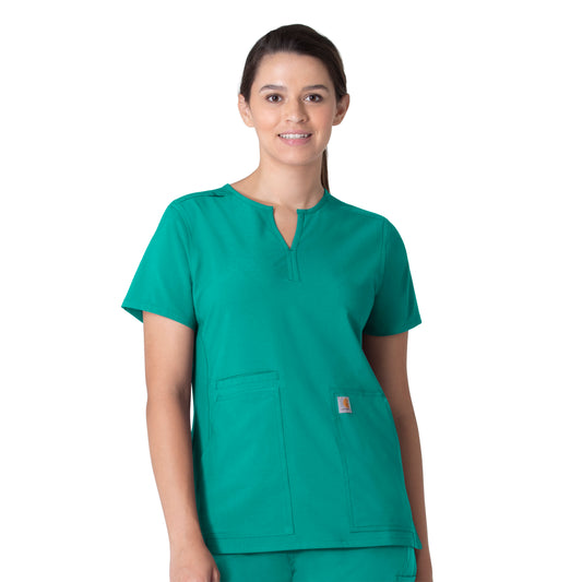 Force Essentials C12213 Notch Neck Tunic Scrub Top Teal Blue Model Image Front | Carhartt