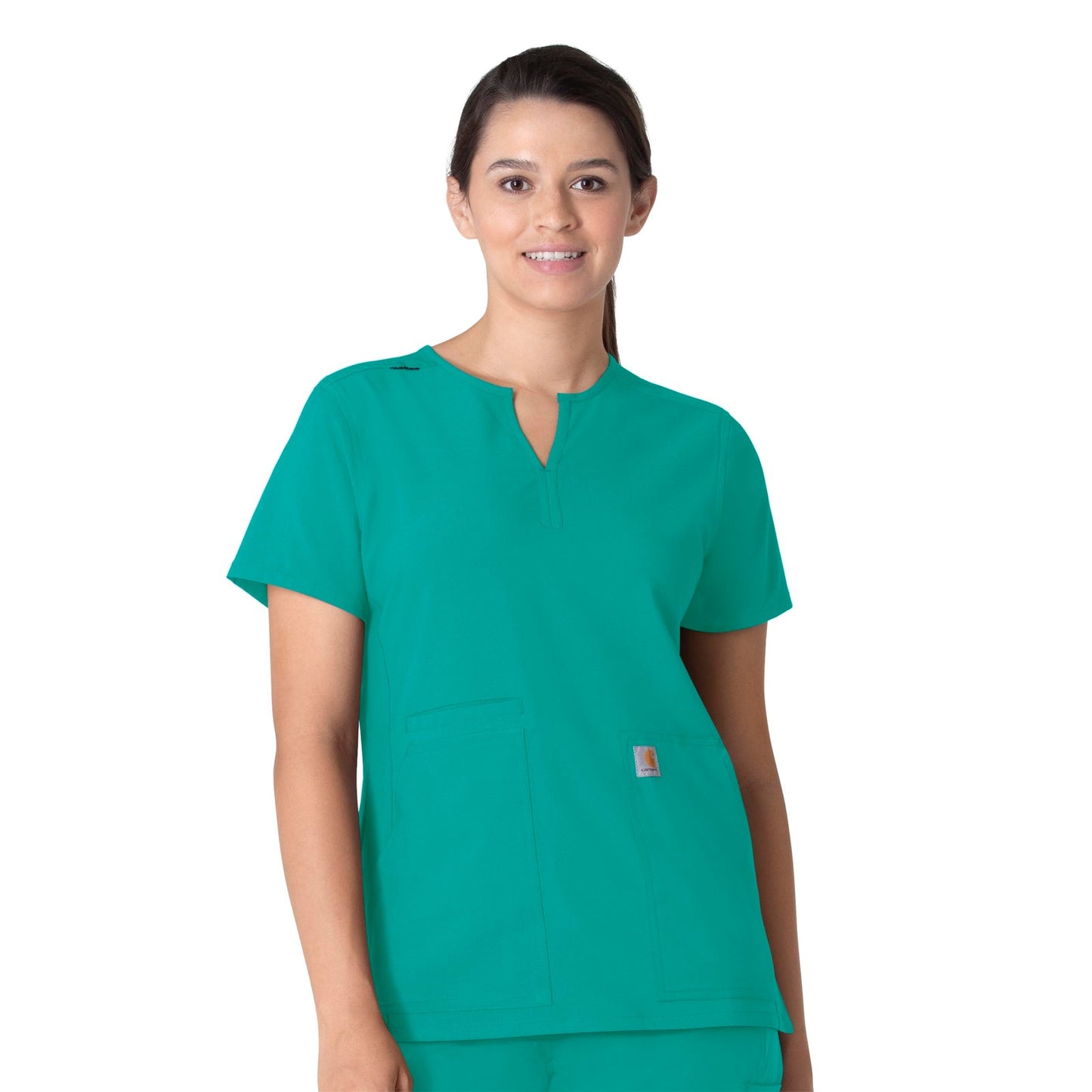 Force Essentials C12213 Notch Neck Tunic Scrub Top Teal Blue Model Image Front | Carhartt