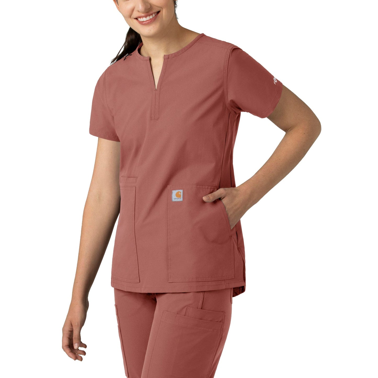 Force Essentials C12213 Notch Neck Tunic Scrub Top Wildrose Model Image Front | Carhartt