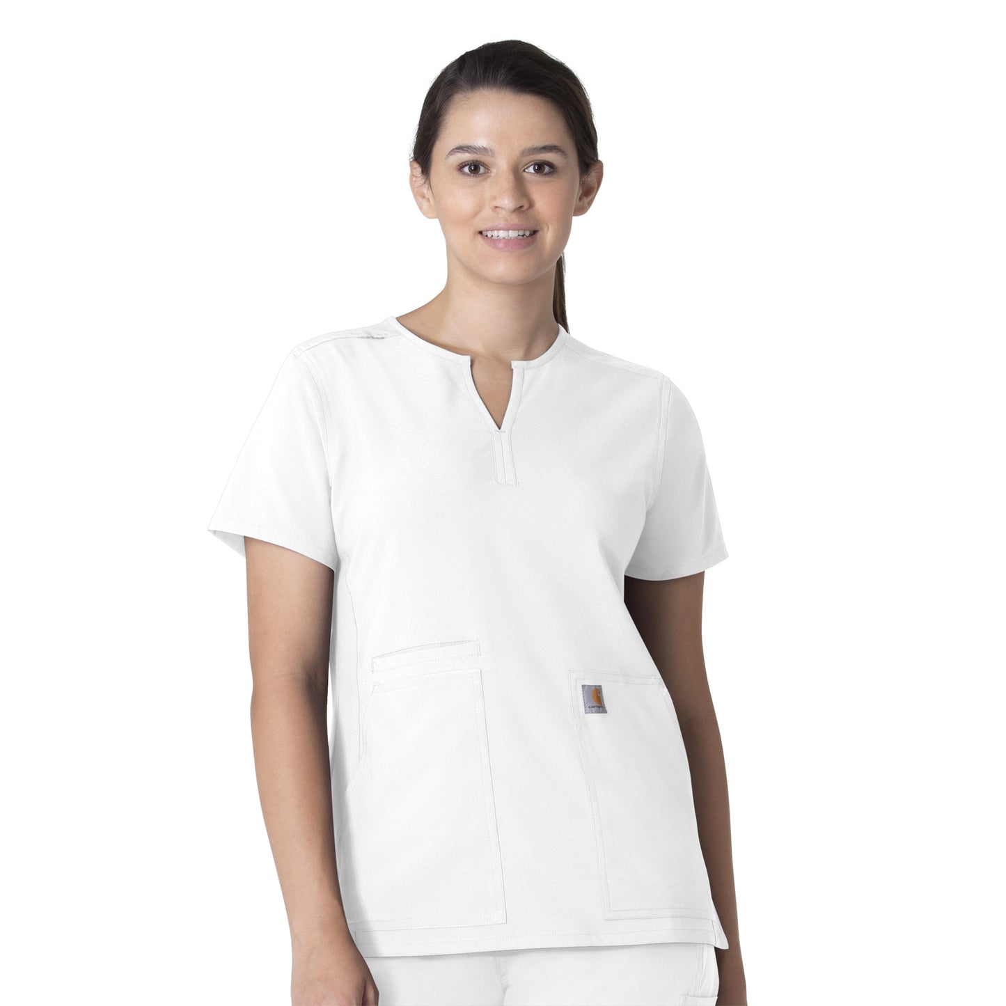 Force Essentials C12213 Notch Neck Tunic Scrub Top White Model Image Front | Carhartt