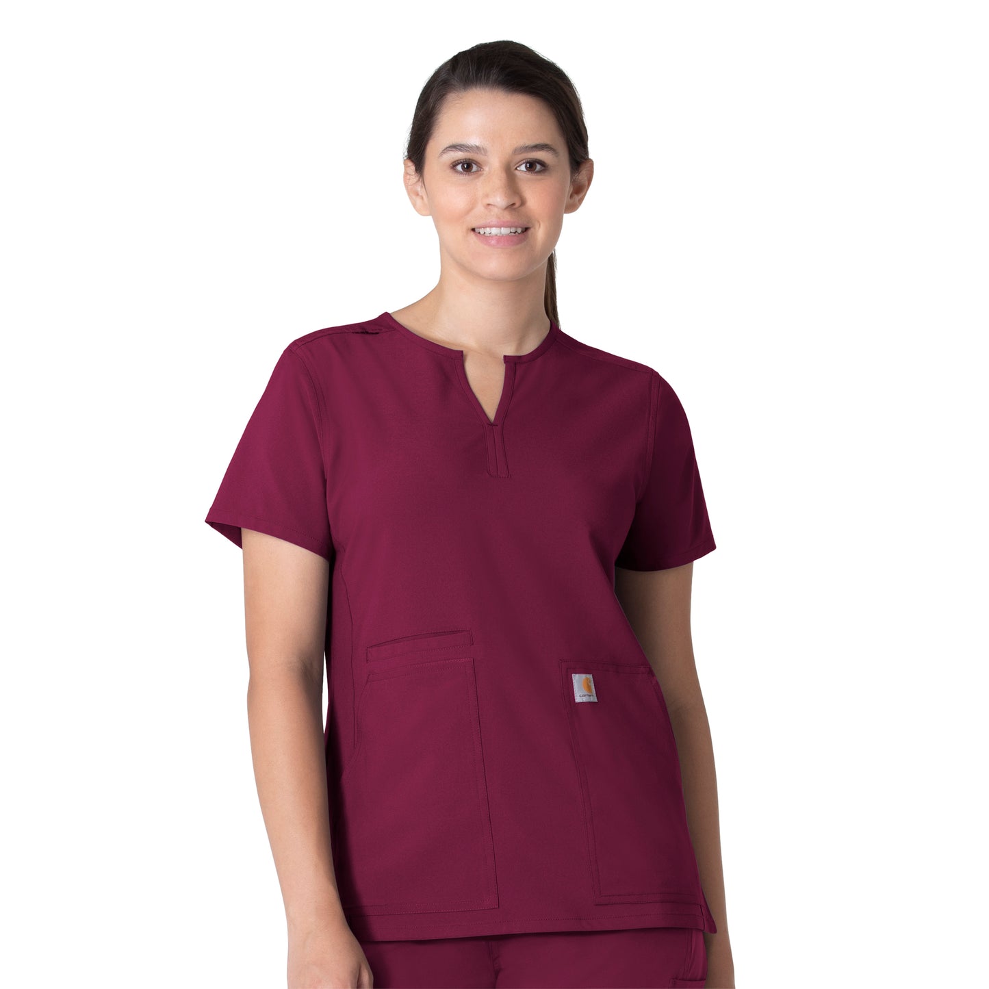 Force Essentials C12213 Notch Neck Tunic Scrub Top Wine Model Image Front | Carhartt