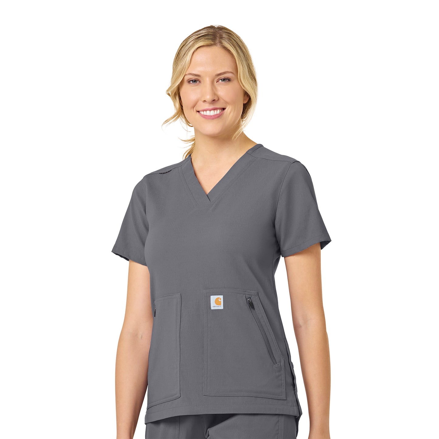 Rugged Flex Peak C12237 4-Pocket V-Neck Scrub Top Pewter Model Image Front | Carhartt