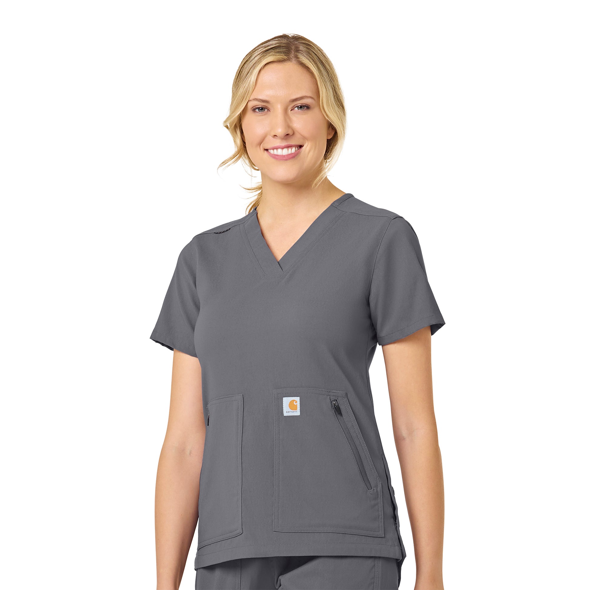 Rugged Flex Peak C12237 4-Pocket V-Neck Scrub Top Pewter Model Image Front | Carhartt