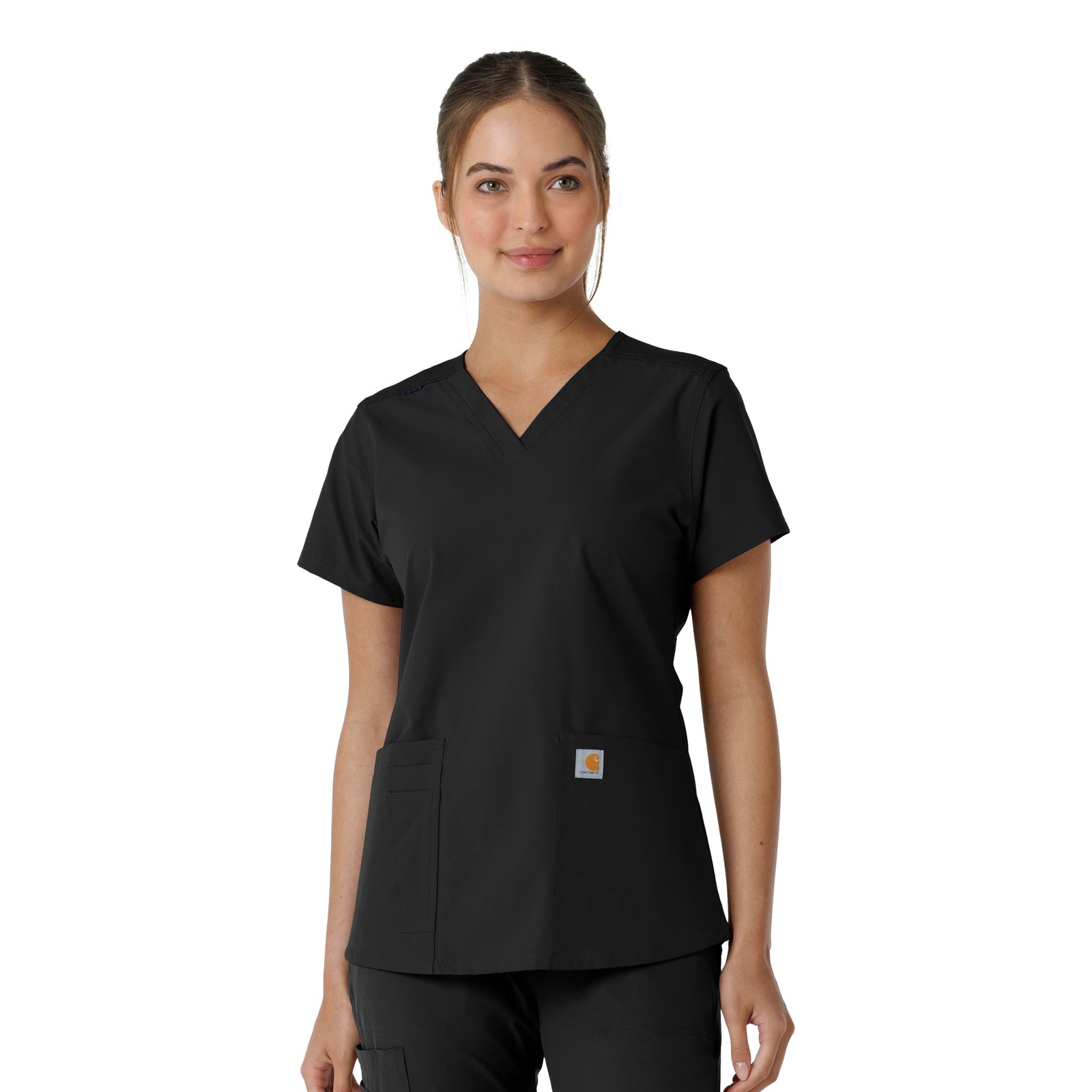 Force Essentials C12313 V-Neck Knit Panel Scrub Top Black Model Image Front | Carhartt