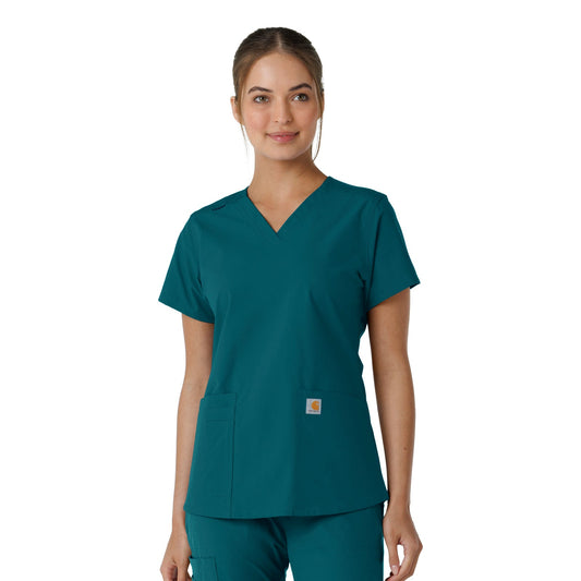 Force Essentials C12313 V-Neck Knit Panel Scrub Top Caribbean Model Image Front | Carhartt