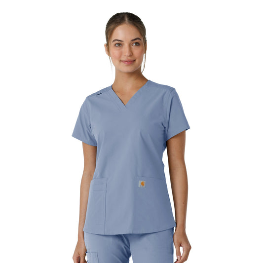 Force Essentials C12313 V-Neck Knit Panel Scrub Top Ceil Blue Model Image Front | Carhartt