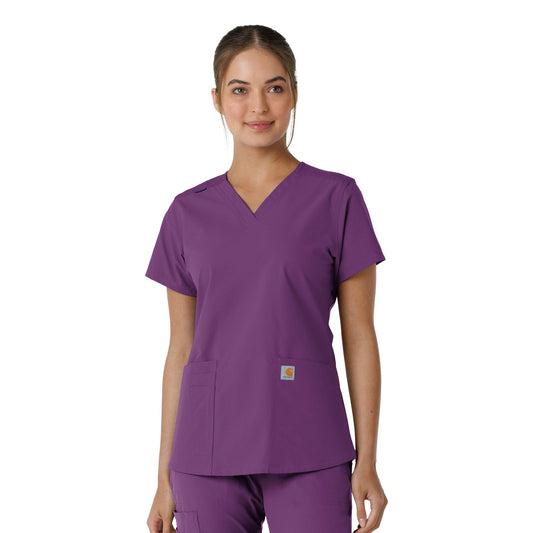 Force Essentials C12313 V-Neck Knit Panel Scrub Top Eggplant Model Image Front | Carhartt