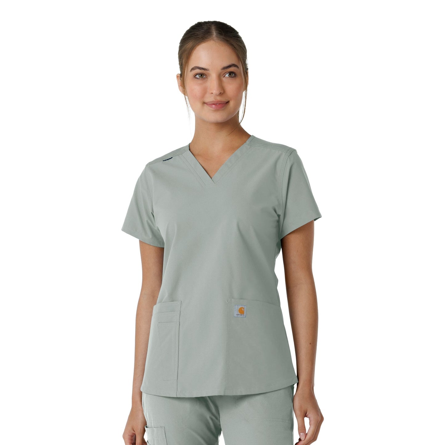 Force Essentials C12313 V-Neck Knit Panel Scrub Top Grey Model Image Front | Carhartt