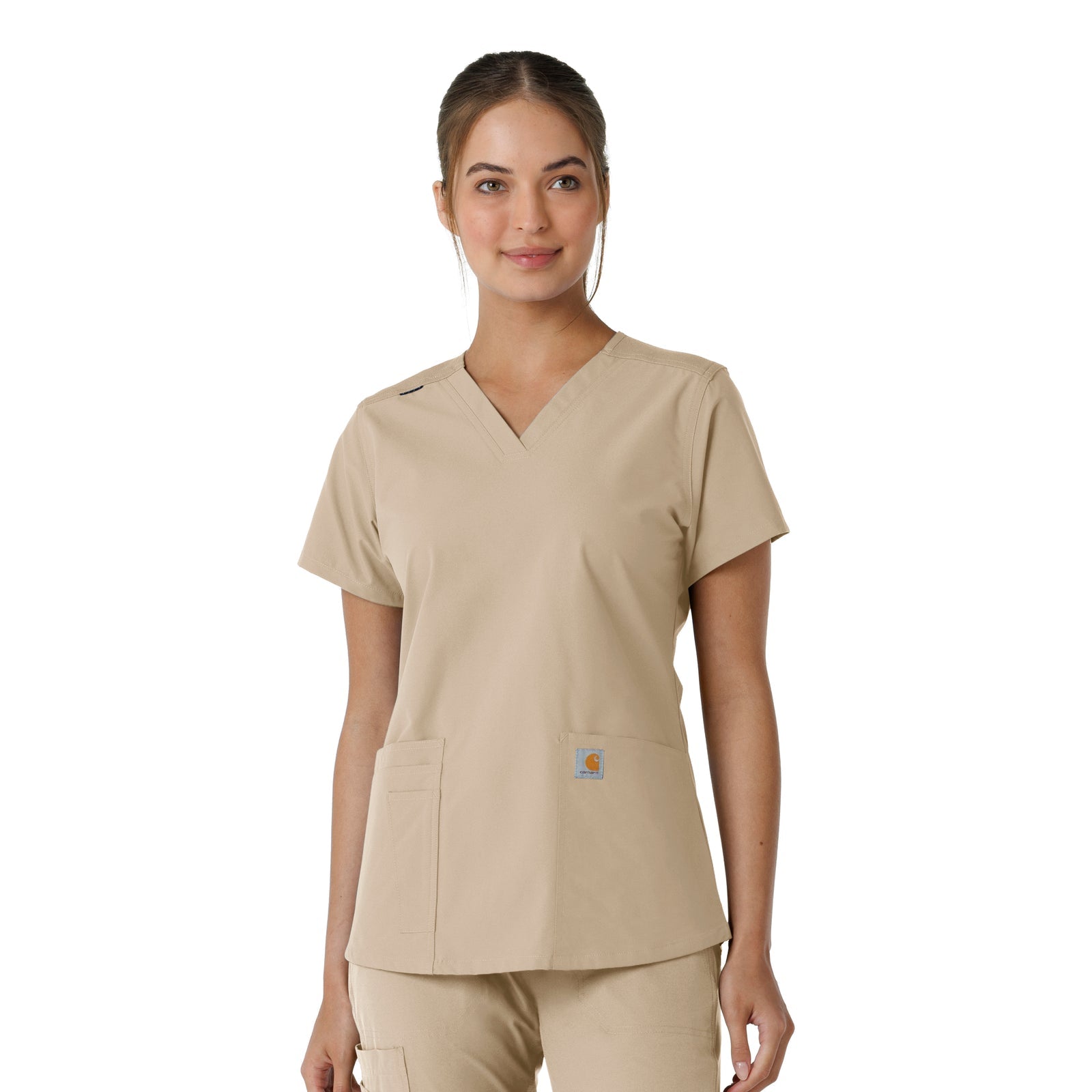 Force Essentials C12313 V-Neck Knit Panel Scrub Top Khaki Model Image Front | Carhartt