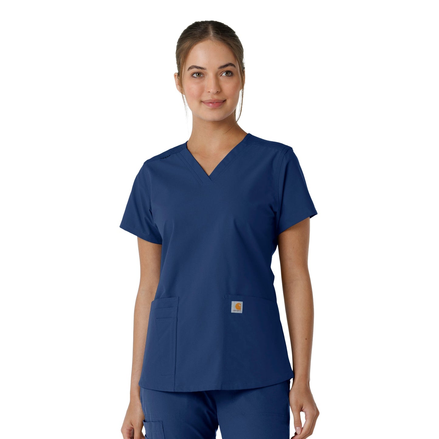 Force Essentials C12313 V-Neck Knit Panel Scrub Top Navy Model Image Front | Carhartt