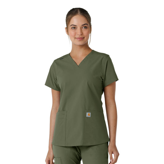 Force Essentials C12313 V-Neck Knit Panel Scrub Top Olive Model Image Front | Carhartt