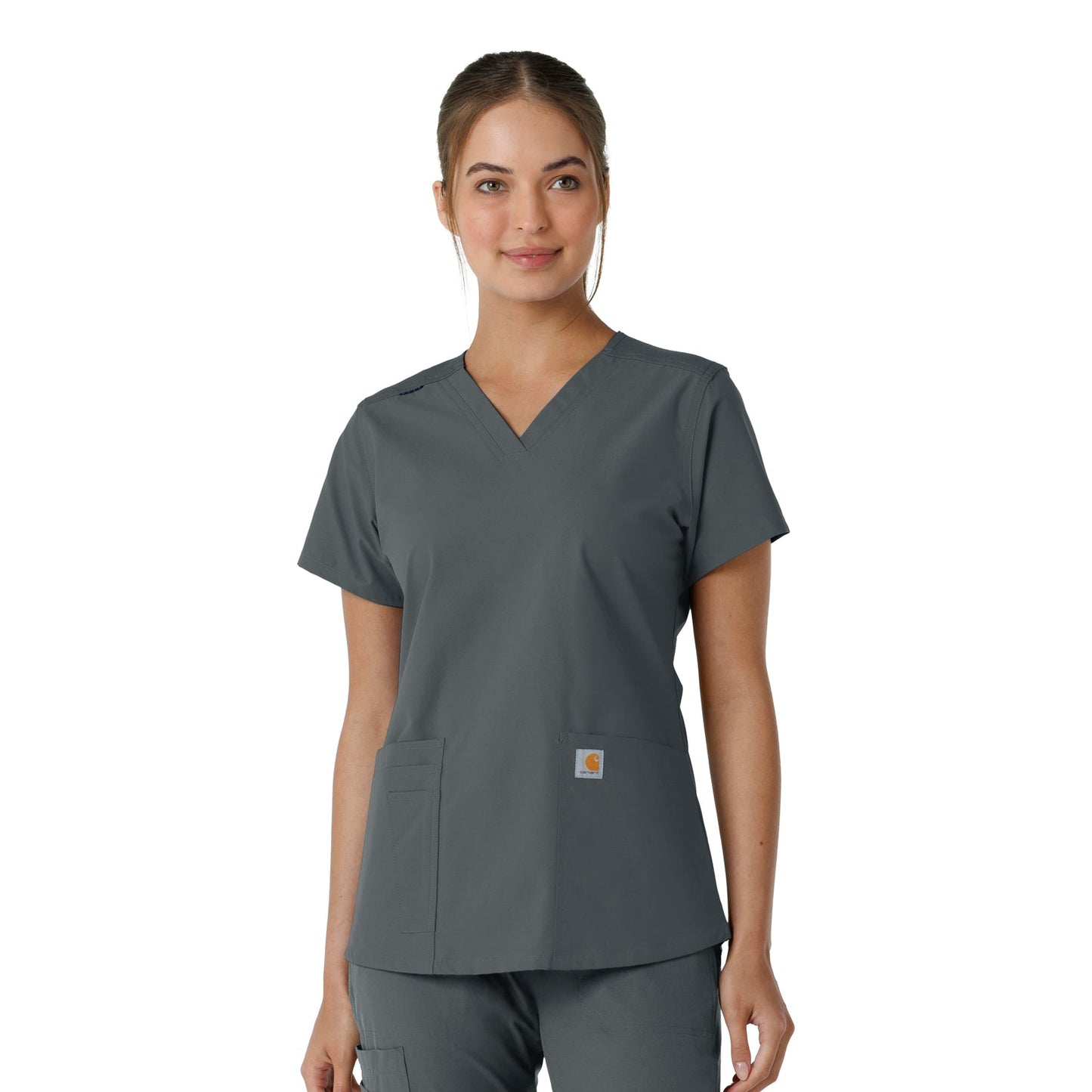 Force Essentials C12313 V-Neck Knit Panel Scrub Top Pewter Model Image Front | Carhartt