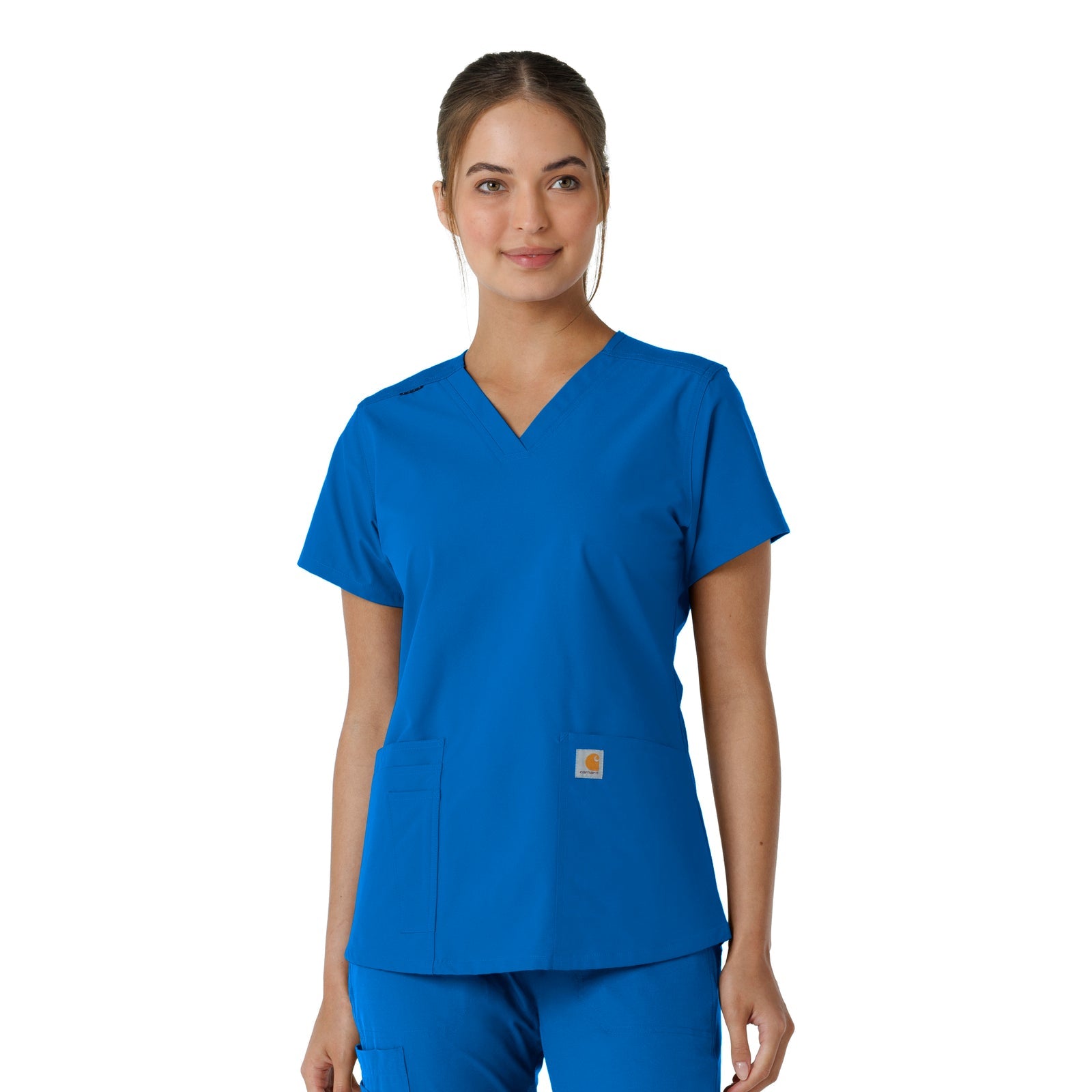 Force Essentials C12313 V-Neck Knit Panel Scrub Top Royal Model Image Front | Carhartt