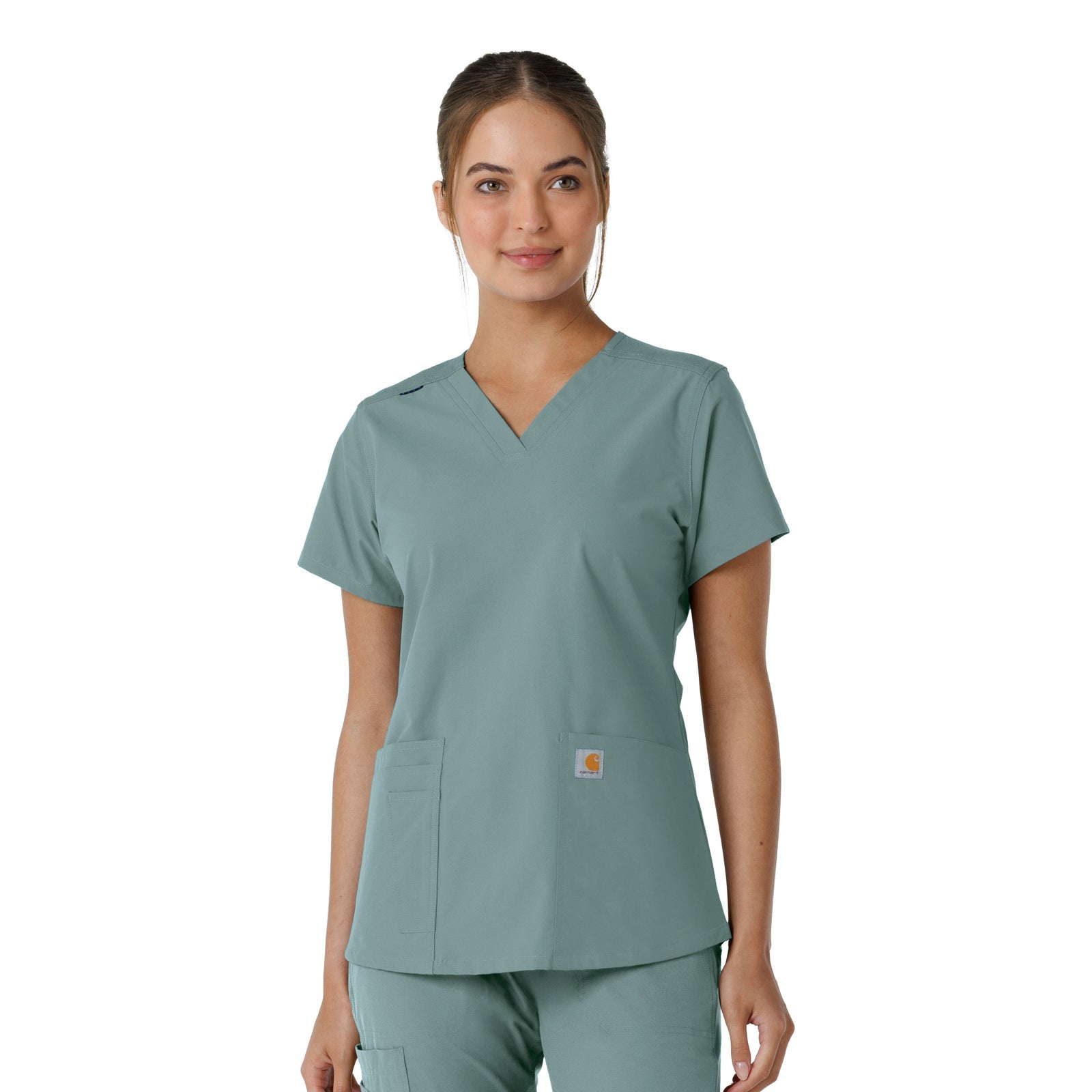 Force Essentials C12313 V-Neck Knit Panel Scrub Top Summer Blue Model Image Front | Carhartt