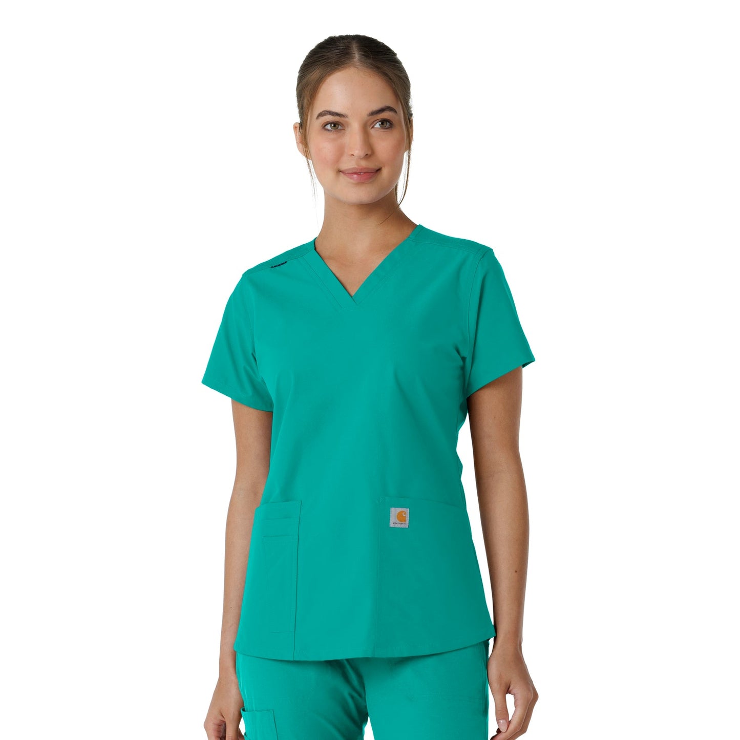 Force Essentials C12313 V-Neck Knit Panel Scrub Top Teal Model Image Front | Carhartt