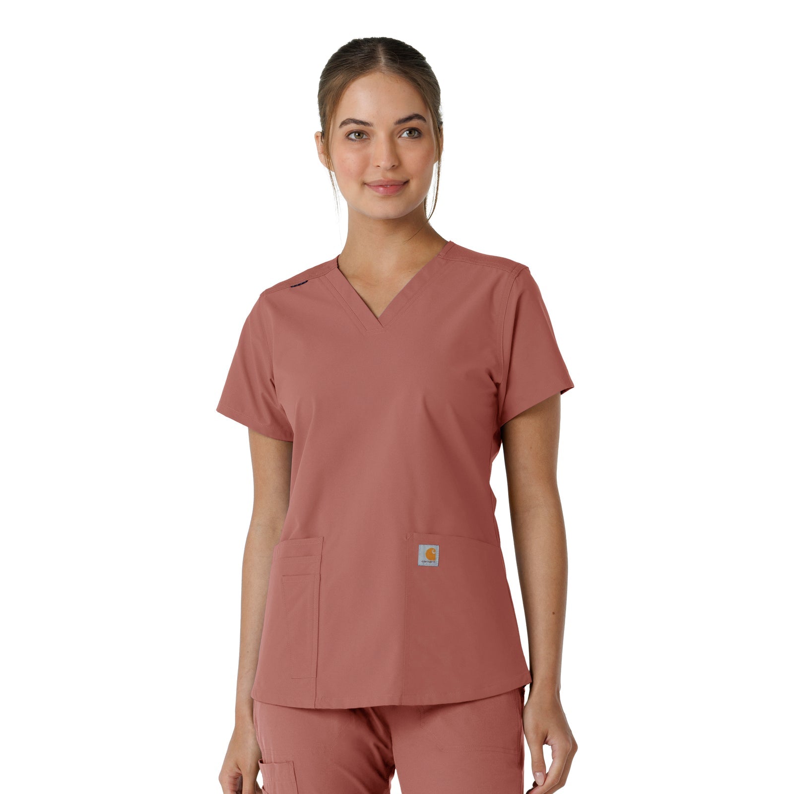 Force Essentials C12313 V-Neck Knit Panel Scrub Top Wildrose Model Image Front | Carhartt