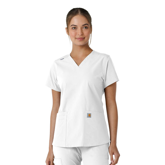 Force Essentials C12313 V-Neck Knit Panel Scrub Top White Model Image Front | Carhartt