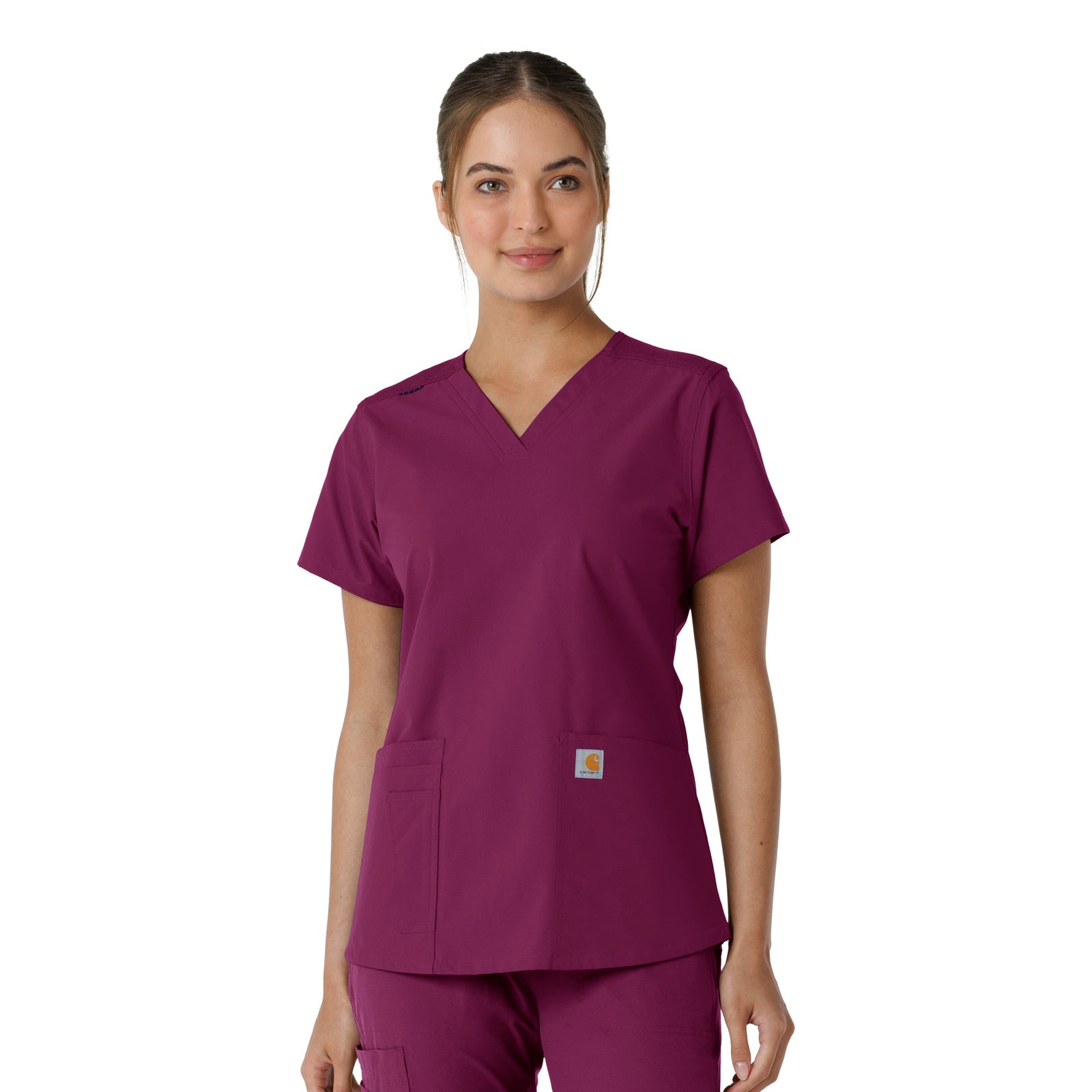 Force Essentials C12313 V-Neck Knit Panel Scrub Top Wine Model Image Front | Carhartt