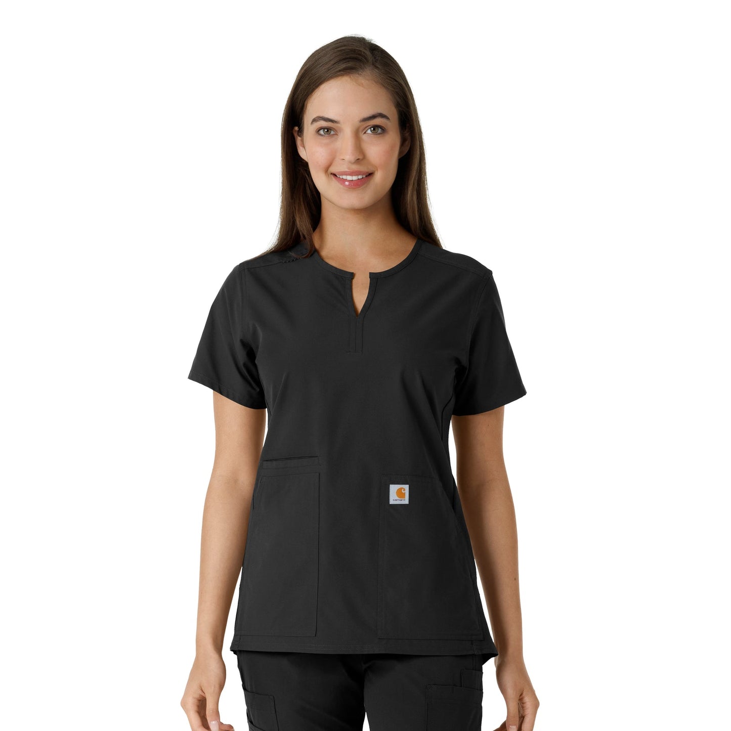 Force Essentials C12413 Notch Neck Tunic Knit Panel Scrub Top Black Model Image Front | Carhartt