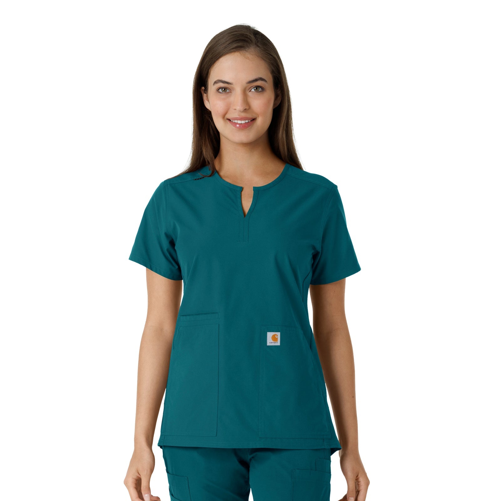 Force Essentials C12413 Notch Neck Tunic Knit Panel Scrub Top Caribbean Model Image Front | Carhartt