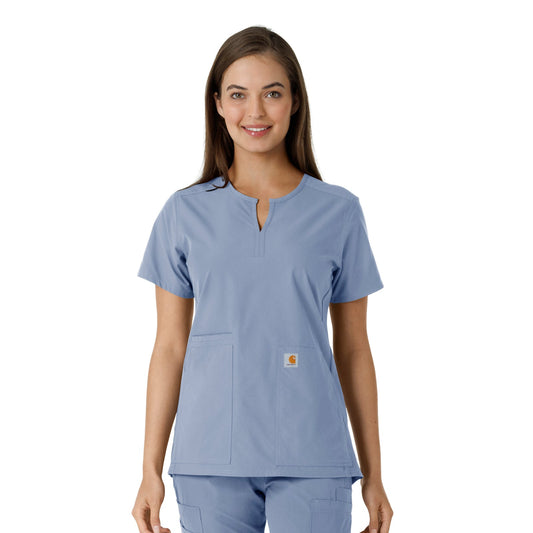 Force Essentials C12413 Notch Neck Tunic Knit Panel Scrub Top Ceil Blue Model Image Front | Carhartt