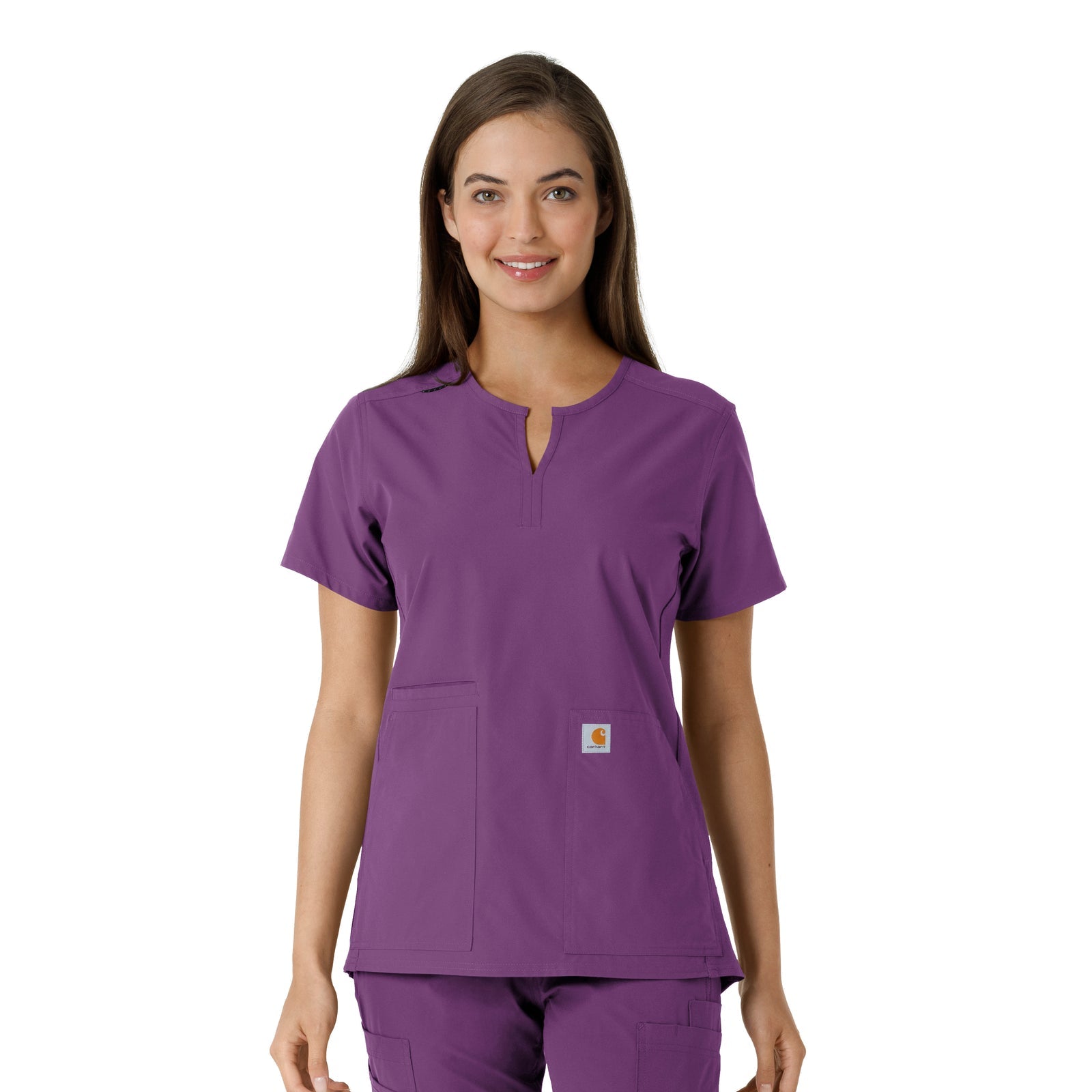 Force Essentials C12413 Notch Neck Tunic Knit Panel Scrub Top Eggplant Model Image Front | Carhartt