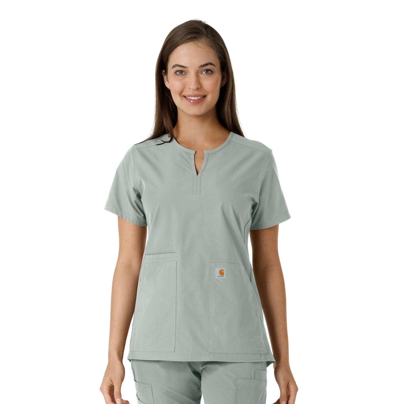 Force Essentials C12413 Notch Neck Tunic Knit Panel Scrub Top Grey Model Image Front | Carhartt