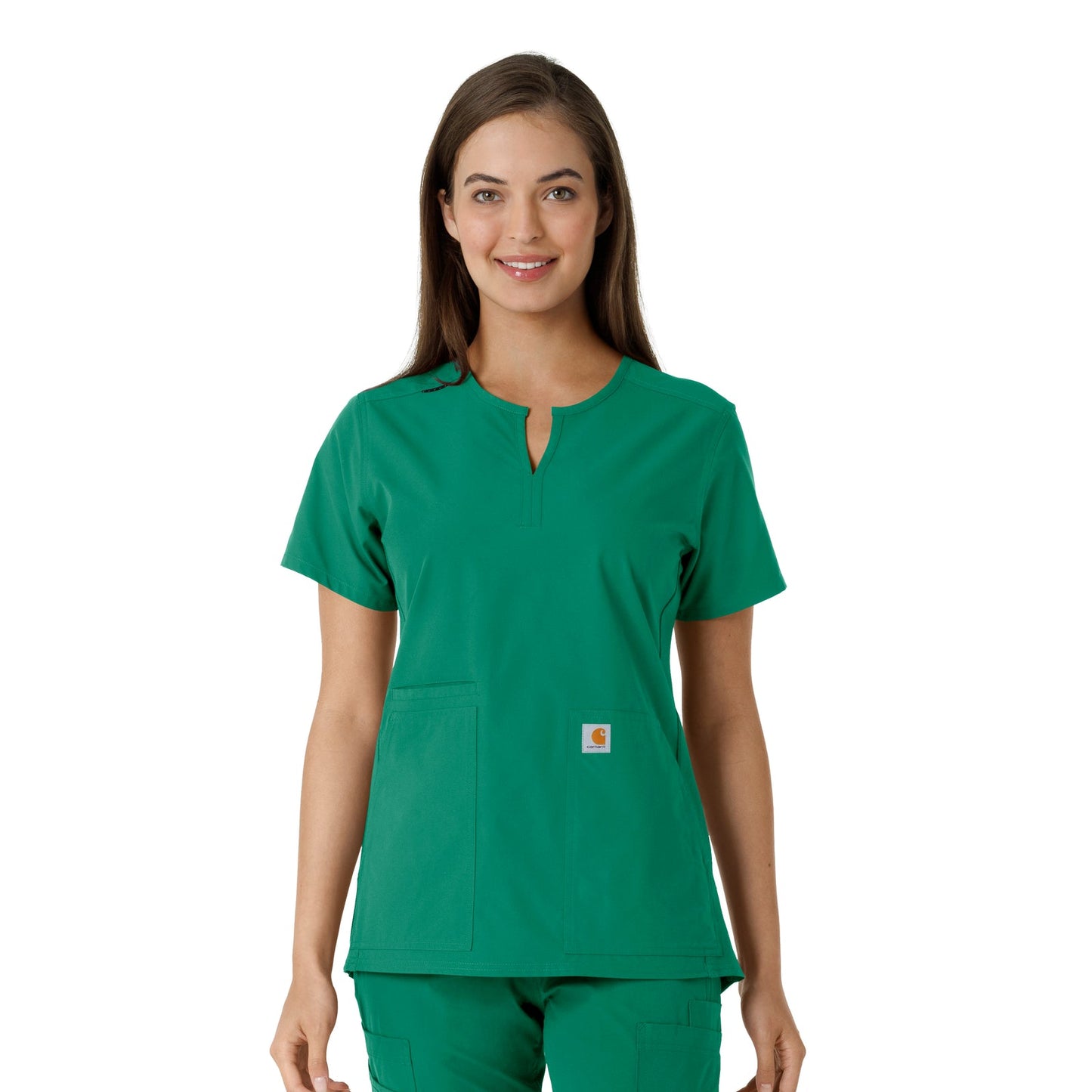 Force Essentials C12413 Notch Neck Tunic Knit Panel Scrub Top Hunter Model Image Front | Carhartt