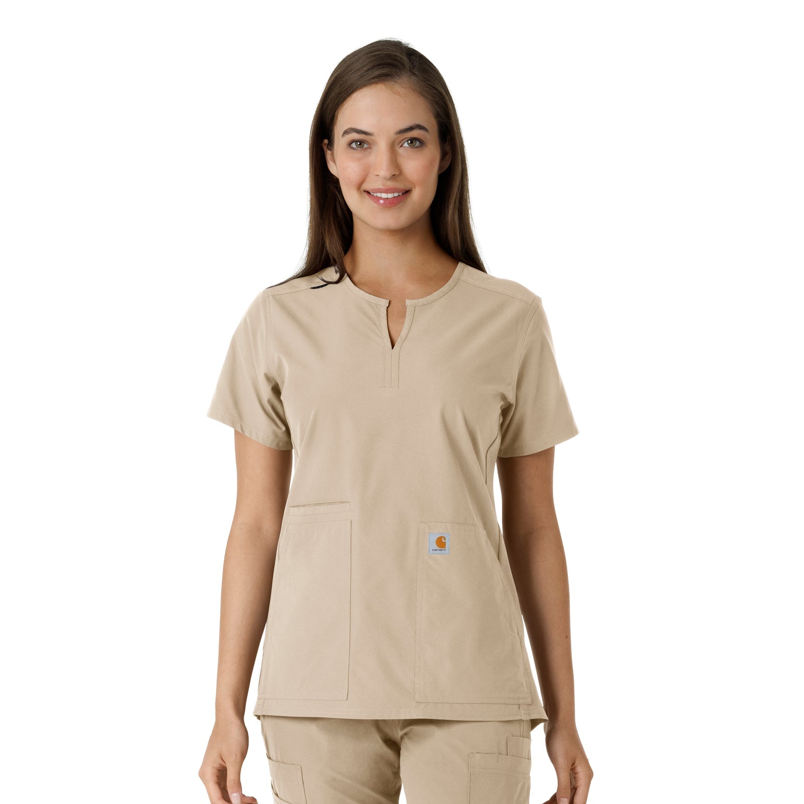 Force Essentials C12413 Notch Neck Tunic Knit Panel Scrub Top Khaki Model Image Front | Carhartt