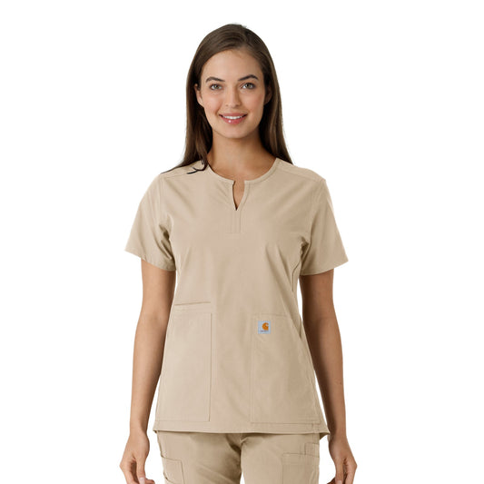 Force Essentials C12413 Notch Neck Tunic Knit Panel Scrub Top Khaki Model Image Front | Carhartt