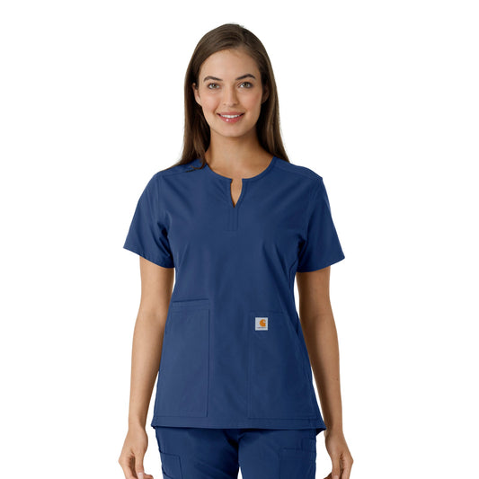 Force Essentials C12413 Notch Neck Tunic Knit Panel Scrub Top Navy Model Image Front | Carhartt