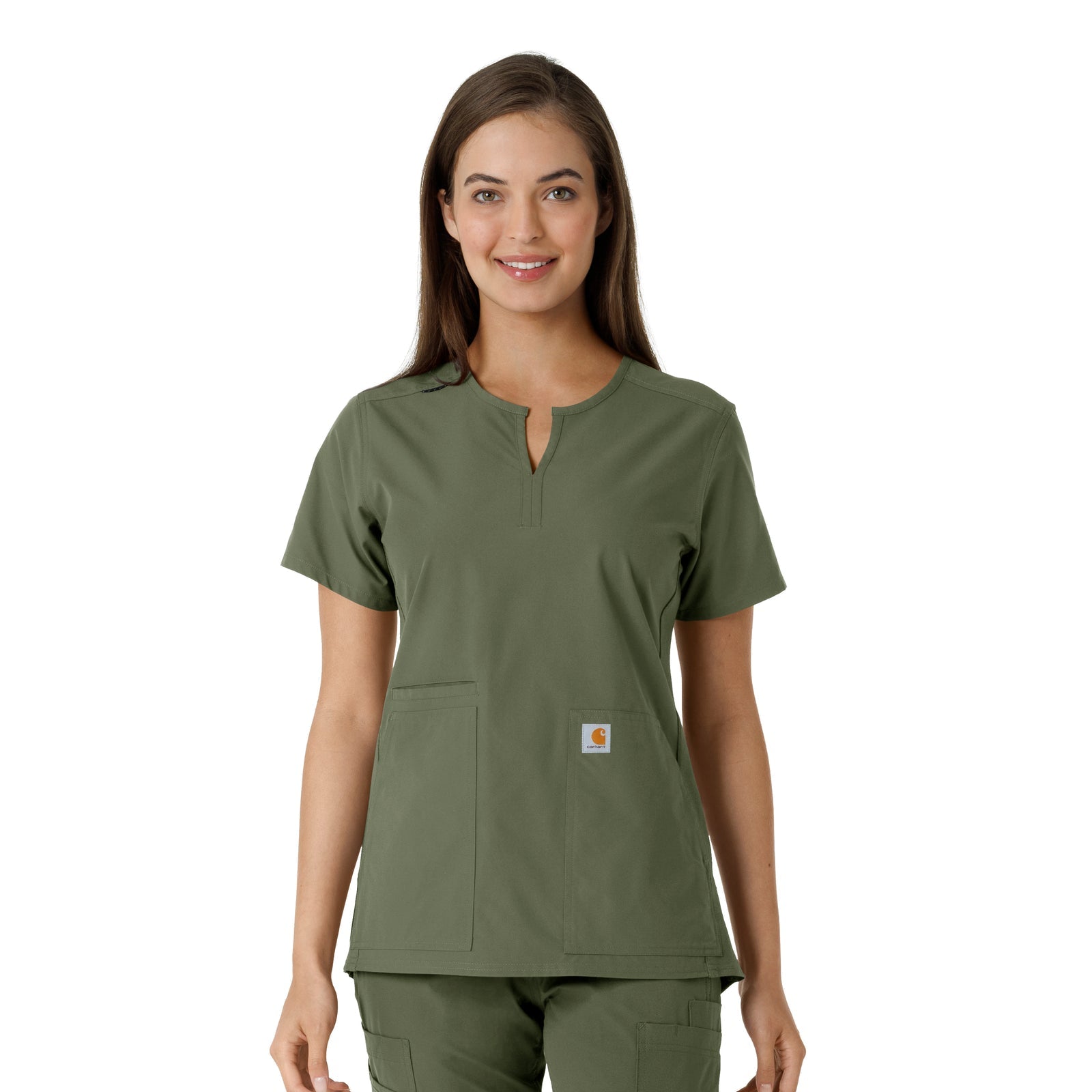 Force Essentials C12413 Notch Neck Tunic Knit Panel Scrub Top Olive Model Image Front | Carhartt