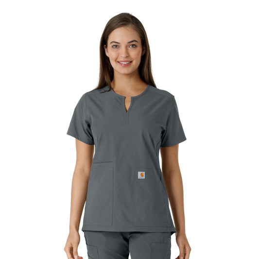 Force Essentials C12413 Notch Neck Tunic Knit Panel Scrub Top Pewter Model Image Front | Carhartt