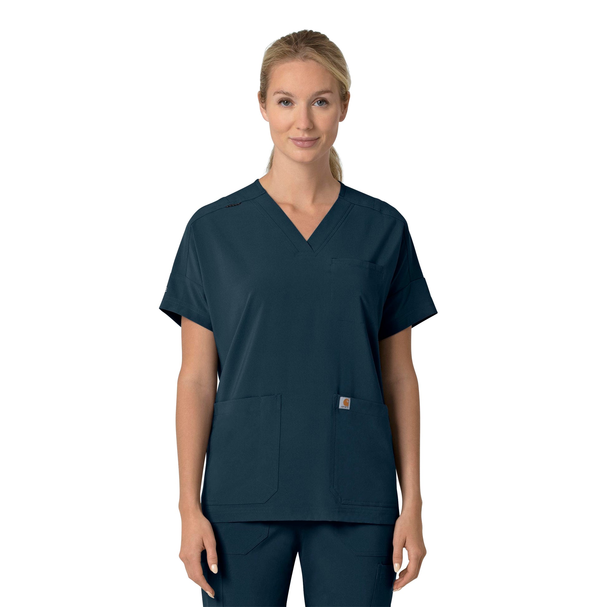 Force Cross-Flex C13110 Oversized V-Neck Scrub Top Navy Model Image Front | Carhartt