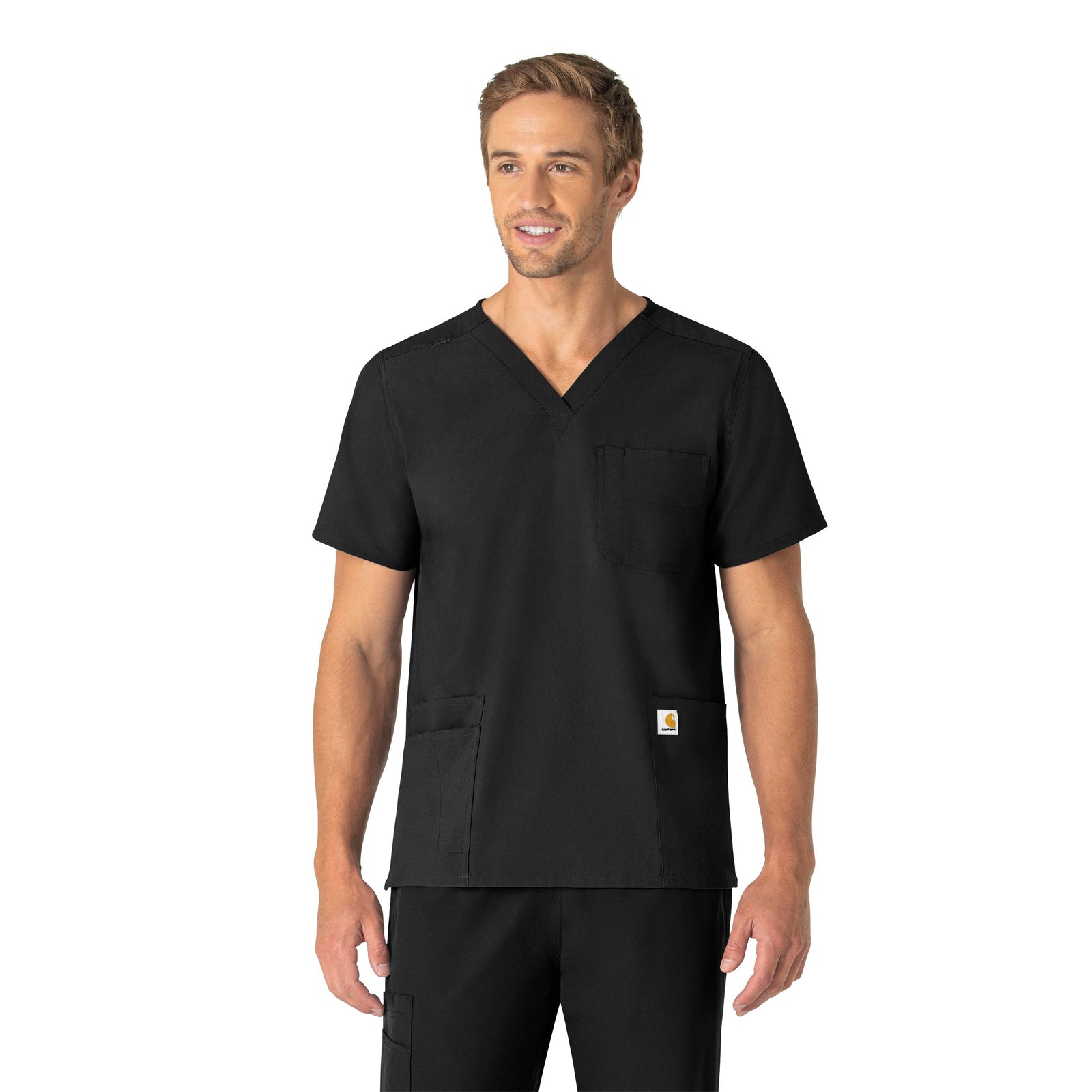 Force Essentials C15013 Unisex V-Neck 6-Pocket Scrub Top Black Model Image Front | Carhartt