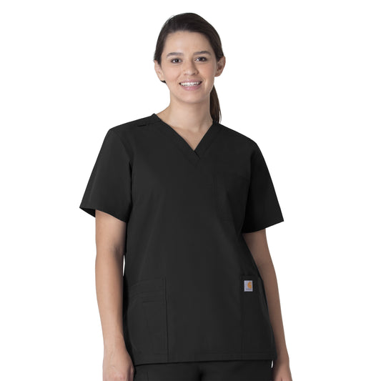 Force Essentials C15013 Unisex V-Neck 6-Pocket Scrub Top Black Model Image Front | Carhartt